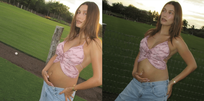 Hailey Bieber shows off baby bump, stuns in pregnancy glow